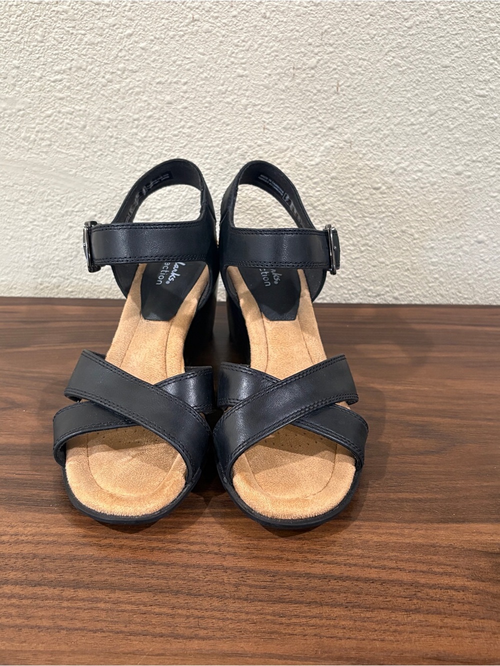 Black Leather Crisscross Wedge Sandals - Women's Comfort Heels - Picture 2 of 6